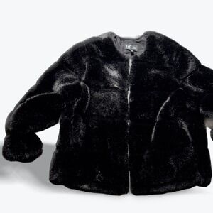 Zara TRF Black Faux Fur Zip Front Jacket Coat Collarless XS 1255/243/800/XS